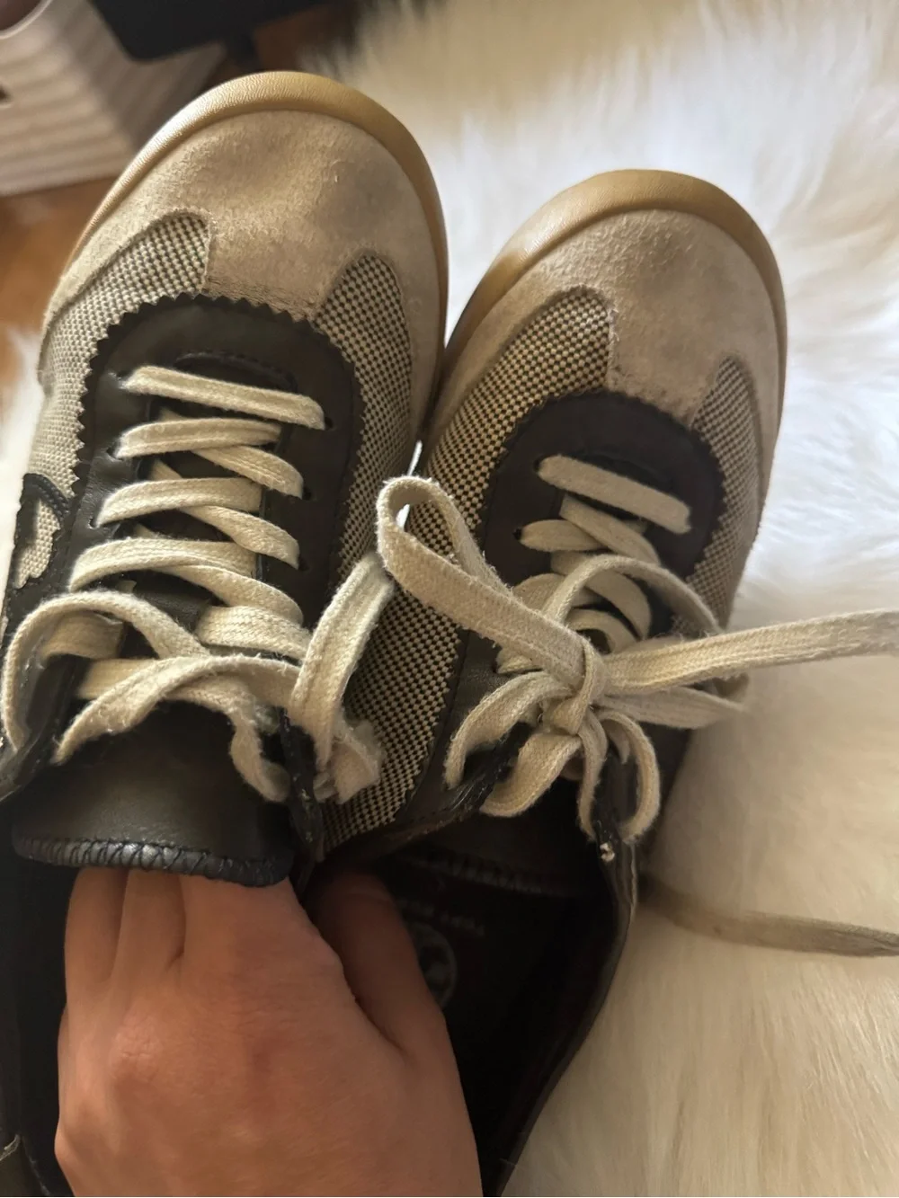 Tory Burch Beige and Black Kids Lace-Up Sneakers